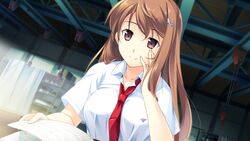  absurdres breasts brown_eyes brown_hair game_cg hair_ornament hairclip happy highres kono_oozora_ni_tsubasa_wo_hirogete large_breasts long_hair looking_down necktie reading sitting smile solo table yashima_takahiro 