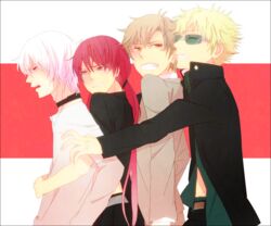  3boys a_certain_high_school_uniform accelerator_(toaru_majutsu_no_index) albino alternate_height bad_id bad_pixiv_id blonde_hair brown_hair choker etzali female gakuran group_(toaru) group_hug hug hug_from_behind jacket kirigaoka_girls&#039;_academy_school_uniform low_twintails multiple_boys musujime_awaki open_clothes open_jacket red_eyes red_hair ro53 school_uniform sunglasses toaru_majutsu_no_index tsuchimikado_motoharu twintails unabara_mitsuki uniform white_hair winter_uniform 