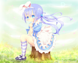  22m animal_ears apron black_footwear blue_bow blue_dress blue_eyes blue_hair blue_legwear blue_sky bow bunny_ears cloud day dress eyebrows_visible_through_hair fake_animal_ears female female frilled_dress frills from_side full_body gochuumon_wa_usagi_desu_ka? grass hair_ornament hairclip hands_together hands_up headband kafuu_chino kneehighs long_hair looking_at_viewer maid maid_apron open_mouth outdoors shoes sitting sky smile solo striped_legwear tied_hair tree_stump x_hair_ornament 