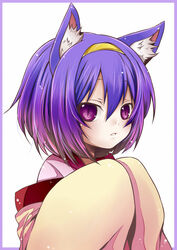  animal_ear_fluff animal_ears border commentary_request female fox_ears gradient_hair hairband hatsuse_izuna headband multicolored_hair no_game_no_life purple_border purple_eyes purple_hair short_hair slit_pupils takoyaki_kenken yellow_hairband 