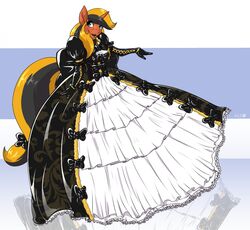  2016 alternative_fashion anthro armwear ball_gown black_hair black_lipstick blonde_hair clothed clothing dress elbow_gloves equid equine ero_lolita fan_character female gloves hair handwear hasbro helixjack help_desk_(oc) hoop_skirt horn j-fashion lipstick lolita_(fashion) makeup mammal multicolored_hair my_little_pony mythological_creature mythological_equine mythology restricted_palette solo two_tone_hair unicorn 