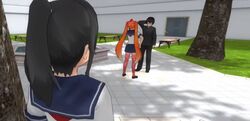  1boy 2girls ayano_aishi black_hair blue_eyes fountain long_hair multiple_girls orange_hair osana_najimi_(yandere_simulator) pig_tail school school_uniform short_hair tail taro_yamada_(yandere_simulator) thighhighs tsundere yandere yandere_simulator 