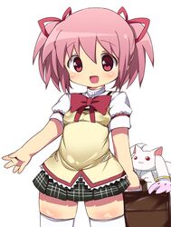  alternate_costume bad_id bad_pixiv_id bag blush female kaname_madoka kyuubee mahou_shoujo_madoka_magica mahou_shoujo_madoka_magica_(anime) meiro_(yuu) mitakihara_school_uniform pink_eyes pink_hair plaid plaid_skirt red_eyes school_bag school_uniform short_hair skirt smile thighhighs twintails 