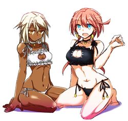  2girls aqua_eyes bare_shoulders bell breasts cat_cutout cat_ear_panties cat_lingerie cleavage_cutout clothing_cutout commentary_request contrast dark-skinned_female dark_skin elphelt_valentine guilty_gear guilty_gear_xrd jingle_bell kneeling meme_attire multiple_girls navel panties pink_hair ramlethal_valentine ryuuri_(aoithigo) siblings side-tie_panties sisters small_breasts underwear underwear_only white_hair yellow_eyes 