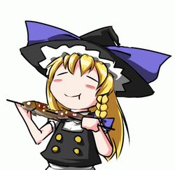  animated animated bad_id bad_nicoseiga_id blonde_hair braid cookie_(touhou) eating female fish hair_ribbon hat kirisame_marisa koro_(cookie) long_hair lowres ribbon solo touhou uzuki_(cookie) witch_hat 