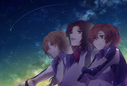  0731sa 2boys black_hair brown_eyes brown_hair commentary_request cropped_jacket crossed_arms female highres jacket long_hair long_sleeves makabe_kazuki minashiro_soushi multiple_boys open_mouth orange_hair scar shooting_star short_hair sitting sky smile soukyuu_no_fafner star_(sky) starry_sky toomi_maya uniform 