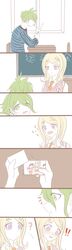  ! 1boy ? ahoge akamatsu_kaede amami_rantarou blonde_hair blue_shirt blush chair danganronpa desk duo ear_piercing earrings female green_eyes green_hair hair_ornament hairclip happy jewelry long_hair matching_hair/eyes musical_note musical_note_hair_ornament necklace necktie new_danganronpa_v3 open_mouth pendant piercing purple_eyes school_uniform shirt short_hair sitting striped striped_shirt sweater sweater_vest tie uniform white_shirt 