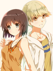  1boy bad_id bad_pixiv_id bare_shoulders blonde_hair blush bra_strap brown_eyes brown_hair collarbone female finger_marks grey_eyes grin height_difference hood hoodie jewelry kaburagi_sui necklace nishio_rina ootani_mikoto pendant short_hair smile soukyuu_no_fafner tank_top 