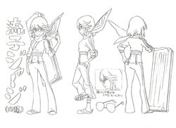  case character_sheet female jacket kill_la_kill matoi_ryuuko midriff monochrome navel official_art pants scarf senketsu senketsu_(scarf) short_hair sunglasses sushio suspenders track_jacket track_pants track_suit turnaround 