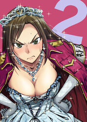  black_hair blush breasts brown_eyes cleavage commentary_request cover cover_page doujin_cover dress female highres huge_breasts idolmaster idolmaster_cinderella_girls jacket jewelry kawamura_kazuma long_hair mukai_takumi necklace photoshop_(medium) solo tiara 