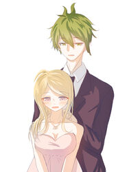  1boy ahoge akamatsu_kaede amami_rantarou blonde_hair blush breasts danganronpa dress duo eyebrows female green_eyes green_hair jewelry long_hair matching_hair/eyes necklace necktie new_danganronpa_v3 purple_eyes shirt short_hair simple_background standing suit tie white_background white_shirt 