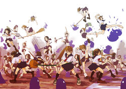  6+girls barefoot broom brown_hair commentary_request copyright_request kicking kyoudyu lacrosse_stick loose_socks midriff multiple_girls panties photoshop_(medium) school_uniform serafuku shoes skirt socks twintails underwear watering_can 