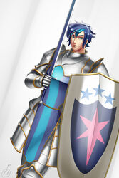  1boy armor blue_eyes blue_hair commentary english_commentary knight lvl_(sentrythe2310) male_focus my_little_pony my_little_pony:_friendship_is_magic personification shield shining_armor solo standing sword weapon 