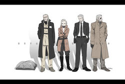  3boys bacher beard big_boss blonde_hair body_bag boots breasts choker cleavage coat commentary_request crossed_arms eva_(metal_gear) eyepatch facial_hair female formal ghost_in_the_shell ghost_in_the_shell_lineup ghost_in_the_shell_stand_alone_complex grey_hair hand_in_pocket hands_in_pockets letterboxed liquid_ocelot long_coat mature_female medium_breasts metal_gear_(series) metal_gear_solid_4:_guns_of_the_patriots moustache multiple_boys necktie old old_man old_snake parody photoshop_(medium) revolver_ocelot solid_snake solidus_snake spoilers suit sunglasses trench_coat 