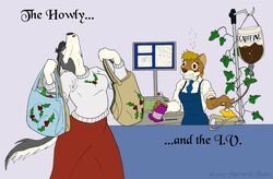  2017 anthro apron bag beverage black_hair bloodshot_eyes brown_body brown_fur brown_hair caffeine canid canine canis cash_register christmas clothed clothing coffee cybercorn_entropic duo english_text female fur grey_body grey_fur hair holidays holly_(plant) howl humor intravenous_drip ivy_(plant) mammal mustelid musteline necktie plant pun shopping text true_musteline weasel white_body white_fur wolf yellow_eyes 