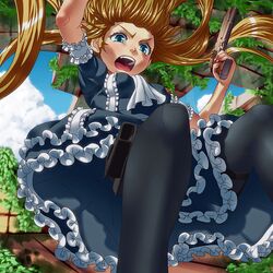  bad_id bad_pixiv_id blonde_hair blue_eyes cometch dual_wielding female frills goth_loli holding original pantyhose perspective solo twintails 