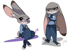  3:2 angry annoyed anthro biped blush clothing disney eyelashes female foot_tap footwear judy_hopps kittenpawprints lagomorph legwear leporid long_ears looking_at_viewer mammal police police_uniform purple_eyes rabbit sitting smile socks solo standing toeless_footwear toeless_socks uniform zootopia 