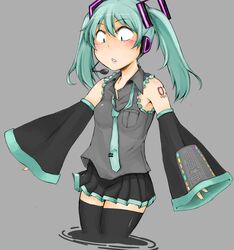  blush commentary_request cowboy_shot detached_sleeves female green_hair green_nails grey_background hatsune_miku headset koiwai_no_ekitai long_hair loose_necktie nail_polish necktie partial_commentary simple_background skirt solo tattoo thighhighs twintails vocaloid wide_sleeves 