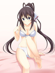  bare_shoulders barefoot blush bow bow_bra bra breasts cleavage feet female hair_ribbon hyokkori_tamago infinite_stratos lingerie long_hair medium_breasts panties ponytail ribbon shinonono_houki sitting soles solo strap_lift underwear underwear_only white_bra white_panties 