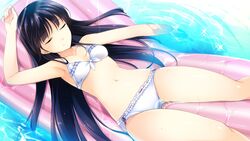  absurdres armpits bikini black_hair breasts closed_eyes collarbone female game_cg habane_kotori highres inflatable_raft kono_oozora_ni_tsubasa_wo_hirogete legs long_hair lying navel pool purple_hair small_breasts smile solo sunlight sweat swimsuit thighs water yashima_takahiro 