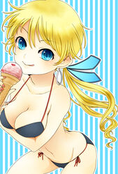  alternate_costume bad_id bad_pixiv_id bikini blonde_hair blue_eyes breast_rest breasts cleavage commentary_request earrings eyelashes female groin hair_ornament jewelry large_breasts long_hair myriam_(saga) photoshop_(medium) romancing_saga romancing_saga_minstrel_song saga sm156 solo swimsuit 