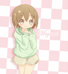  22m blush brown_eyes brown_hair character_name character_request copyright_request english eyebrows_visible_through_hair female female green_jumper hands_together hands_up heart heart-shaped_pupils jumper long_sleeves looking_at_viewer matching_hair/eyes pink_background shirt short_hair short_shorts shorts simple_background smile solo standing symbol-shaped_pupils text two-tone_background white_shirt yellow_shorts 