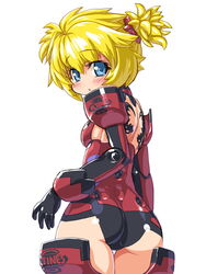  :o alternate_color altines ass back bad_id bad_pixiv_id blonde_hair blue_eyes blush breasts busou_shinki character_name clothes_writing cowboy_shot dd_(ijigendd) doll_joints elbow_gloves female from_behind gloves joints leotard looking_at_viewer looking_back open_mouth red_leotard scrunchie short_hair short_twintails simple_background small_breasts solo spiked_hair thigh_gap thighhighs twintails white_background 