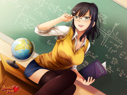  adjusting_hair aiko_yumi black_hair book breasts chalkboard commentary crossed_legs desk dutch_angle english_commentary female game_cg glasses globe green_eyes hair_ornament hairclip highres hunie_(series) huniepop lace-trimmed_legwear lace_trim large_breasts long_hair ninamo official_art on_desk open_book pencil_skirt rimless_eyewear sitting skirt sleeves_pushed_up solo sweater_vest teacher thighhighs watermark zettai_ryouiki 