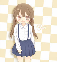  22m blue_skirt blush brown_eyes brown_hair character_name character_request copyright_request english eyebrows_visible_through_hair female female heart heart-shaped_pupils long_sleeves looking_at_viewer matching_hair/eyes open_mouth pleated_skirt shirt simple_background skirt smile solo standing suspenders symbol-shaped_pupils text tied_hair twintails two-tone_background white_shirt yellow_background 