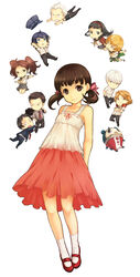  5boys 5girls adachi_tooru amagi_yukiko black_eyes black_hair blue_eyes blue_hair brown_eyes brown_hair chibi commentary_request doujima_nanako doujima_ryoutarou grey_eyes hanamura_yousuke highres kujikawa_rise kuma_(persona_4) long_hair mary_janes multiple_boys multiple_girls narukami_yuu persona persona_4 photoshop_(medium) red_hair saeuchobab satonaka_chie shirogane_naoto shoes short_hair tatsumi_kanji white_hair 