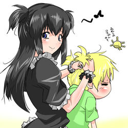  2boys :&gt; alternate_hairstyle bad_id bad_pixiv_id black_hair blonde_hair blue_eyes blush chirumakuro closed_eyes commentary_request eighth_note frills gothic_lolita green_shirt hair_up lolita_fashion long_hair looking_at_viewer moyashimon multiple_boys musical_note oryzae-tan otoko_no_ko sawaki_souemon_tadayasu shirt short_hair smile translation_request two_side_up tying_hair wrist_cuffs yuuki_kei 