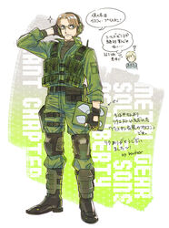  2boys ? bacher blonde_hair brown_hair chibi chibi_inset commentary_request cosplay fingerless_gloves glasses gloves hal_emmerich headset iroquois_pliskin load_bearing_vest metal_gear_(series) metal_gear_solid_2:_sons_of_liberty military multiple_boys partially_translated photoshop_(medium) raiden_(metal_gear) short_hair solid_snake solid_snake_(cosplay) translation_request 