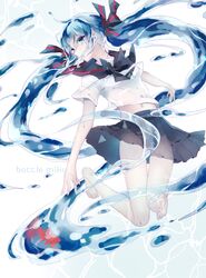  ass_visible_through_thighs barefoot blue_eyes blue_hair bottle_miku character_name commentary_request female fish hair_ribbon hatsune_miku liquid_hair long_hair midriff noka_(blackheart1118) pleated_skirt ribbon school_uniform serafuku skirt solo tears twintails very_long_hair vocaloid water 