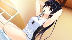  adjusting_hair armpits bed black_eyes black_hair blue_ribbon female game_cg gym_uniform habane_kotori hair_ribbon highres indoors kono_oozora_ni_tsubasa_wo_hirogete long_hair mouth_hold ribbon ribbon_in_mouth sitting smile solo tying_hair wariza yashima_takahiro 