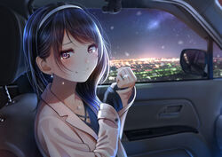  aged_up black_hair blush car_interior christmas city_lights collarbone commentary_request diffraction_spikes earrings female hairband hand_on_own_wrist happy_tears jewelry kentaurosu long_hair long_sleeves looking_at_viewer looking_to_the_side marriage_proposal matsuno_chiya necklace night night_sky original red_eyes ring sky smile solo tears upper_body wedding_ring white_hairband 