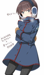  bad_id bad_pixiv_id black_pantyhose blush breath brown_hair brown_mittens coat cold earmuffs female grey_eyes high_collar long_sleeves mittens nishio_rina ootani_mikoto pantyhose shiny_clothes short_hair solo soukyuu_no_fafner translated 