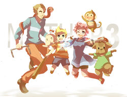  2boys baseball_bat blonde_hair blue_eyes boney brown_hair canine commentary_request doseisan duster_(mother) female hat hood hoodie jewelry kayako_(bimabima) kumatora lucas_(mother_3) monkey mother_(game) mother_3 multiple_boys one_eye_closed pendant photoshop_(medium) pink_hair quiff rope_snake salsa_(mother) smile 