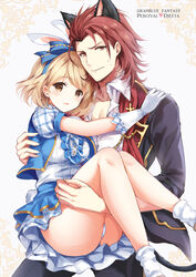  1boy animal_ears blonde_hair blue_skirt blue_vest bobby_socks border breasts brooch brown_eyes carrying cat_ears cat_tail chains character_name checkered_sleeves coat commentary_request copyright_name couple djeeta_(granblue_fantasy) female frilled_skirt frills gloves granblue_fantasy hairband hand_on_another&#039;s_shoulder heart jewelry kemonomimi_mode light_smile looking_at_viewer mafuyu_(kanden_shoujyo) medium_breasts official_alternate_costume open_clothes open_coat open_shirt panties parted_lips percival_(granblue_fantasy) percival_(the_dragon_knights)_(granblue_fantasy) photoshop_(medium) princess_carry puffy_short_sleeves puffy_sleeves rabbit_ears rabbit_tail red_eyes red_hair shirt short_hair short_sleeves simple_background skirt sleeves_pushed_up socks straight sweat tail the_dragon_knights underwear vest white_background white_gloves white_panties 