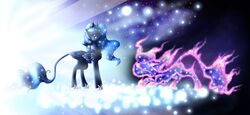  2015 abstract_background absurd_res alicorn amous-anona blue_body blue_eyes blue_feathers blue_fur blue_hair duo equid equine feathered_wings feathers female feral friendship_is_magic fur glowing hair hasbro hi_res horn mammal my_little_pony mythological_creature mythological_equine mythology princess_luna_(mlp) tantabus wings 