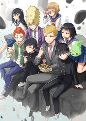  3girls 5boys anger_vein big_hair black_hair black_pants blonde_hair blue_eyes blue_skirt brown_hair camera commentary_request denim eating ekubo_(mob_psycho_100) eye_contact formal gakuran grey_pants grey_suit hair_ornament hairclip hanazawa_teruki highres jeans kageyama_ritsu kageyama_shigeo kurata_tome light_brown_hair long_hair looking_at_another mezato_ichi mob_psycho_100 monotsuki multiple_boys multiple_girls necktie orange_hair pants photoshop_(medium) pink_necktie purple_suit reigen_arataka school_uniform serafuku short_hair sideways_glance sitting skirt smile striped striped_necktie suit suzuki_shou takane_tsubomi vest 