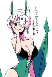  :d antennae bad_id bad_pixiv_id bare_arms bare_shoulders blue_eyes breasts cleavage collarbone female fingernails florges florges_(white_flower) flower green_leotard hair_between_eyes hand_on_own_cheek hand_on_own_face heart kz_609 large_breasts leotard looking_at_viewer open_mouth personification pokemon short_hair simple_background smile solo translation_request white_background white_hair 