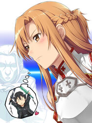  0_0 :&lt; armor arms_up asuna_(sao) bare_shoulders blush braid breastplate brown_eyes brown_hair chibi closed_mouth commentary_request dark_repulser detached_sleeves dual_wielding elucidator female gendou_pose half_updo heart heathcliff_(sao) holding holding_sword holding_weapon kirito knights_of_blood_uniform_(sao) komase_(jkp423) long_hair neon_genesis_evangelion own_hands_clasped own_hands_together sword sword_art_online thought_bubble unsheathed v-shaped_eyebrows weapon white_armor 