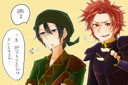  2boys armor bandana black_hair commentary_request earrings fingerless_gloves fire_emblem fire_emblem:_the_binding_blade gauntlets gloves green_eyes jewelry minky_dodo multiple_boys open_mouth orange_eyes red_hair simple_background sin_(fire_emblem) yellow_background zeiss_(fire_emblem) 