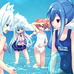  4girls alyn_(fairy_fencer_f) animal_ears ball bare_shoulders beachball breasts cloud commentary_request day effole_(fairy_fencer_f) fairy_fencer_f frills himajin_(starmine) karin_(fairy_fencer_f) long_hair medium_breasts multiple_girls ocean one-piece_swimsuit open_mouth red_eyes red_hair school_swimsuit skirt sky swimsuit tiara_(fairy_fencer_f) twintails white_hair white_one-piece_swimsuit 