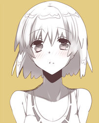  bad_id bad_pixiv_id bare_shoulders blush breasts brown_background cleavage female looking_at_viewer monochrome nishio_rina ootani_mikoto parted_lips portrait short_hair simple_background small_breasts solo soukyuu_no_fafner tank_top 