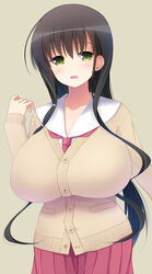  black_hair breasts commentary_request eisui_school_uniform female green_eyes huge_breasts hyuuga_takashi iwato_kasumi long_hair looking_at_viewer open_mouth saki_(manga) school_uniform serafuku simple_background skirt smile solo sweater 