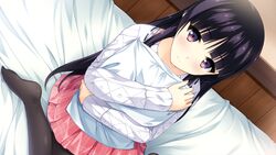  absurdres bed black_hair blush dutch_angle feet female game_cg habane_kotori highres kono_oozora_ni_tsubasa_wo_hirogete long_hair looking_at_viewer no_shoes pantyhose pillow pillow_hug purple_eyes purple_hair sitting skirt smile solo yashima_takahiro 