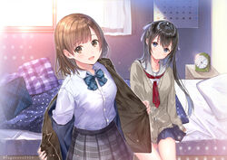  2girls alarm_clock black_hair blazer blue_skirt blush brown_eyes calendar_(object) cardigan clock commentary_request dress_shirt grey_cardigan grey_sailor_collar hanekoto imouto_(hanekoto) indoors jacket long_hair long_sleeves looking_at_viewer medium_hair multiple_girls neckerchief on_bed open_clothes open_jacket open_mouth original osananajimi_(hanekoto) plaid plaid_skirt pleated_skirt red_neckerchief removing_jacket sailor_collar school_uniform serafuku shirt sitting skirt sweater undressing uniform 