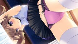  :o blush brown_hair close-up crotch female from_below game_cg highres kazato_yoru kono_oozora_ni_tsubasa_wo_hirogete looking_down navel panties pink_panties purple_eyes short_hair sleeveless solo thighhighs underwear white_thighhighs yashima_takahiro 