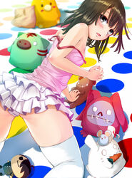  all_fours araragi_koyomi bad_id bad_pixiv_id brown_eyes brown_hair casual character_doll female monogatari_(series) mouse_(animal) nisemonogatari photoshop_(medium) pig rabbit sengoku_nadeko short_hair strap_slip stuffed_animal stuffed_toy teddy_bear thighhighs tochibi twister zettai_ryouiki 